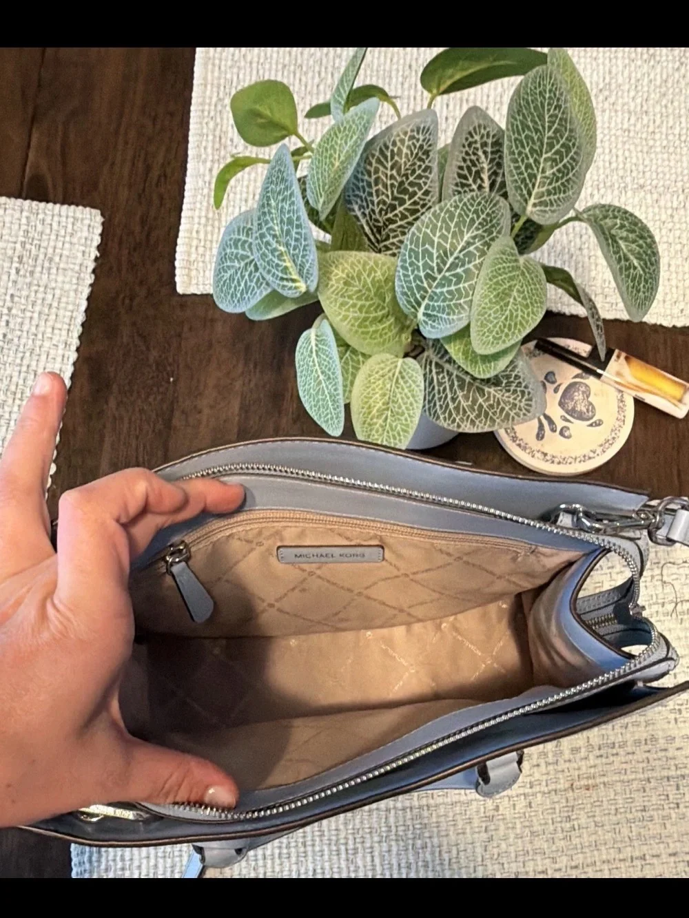 Michael Kors Pale Gray Signature Satchel with MK Charm